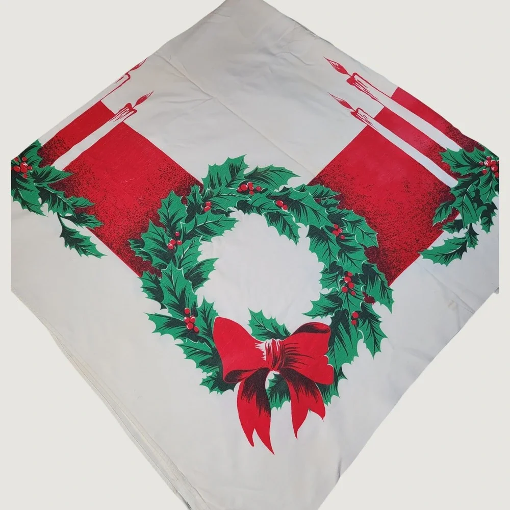 Vintage California Hand Prints Christmas Tablecloth Wreath Candle MCM 60